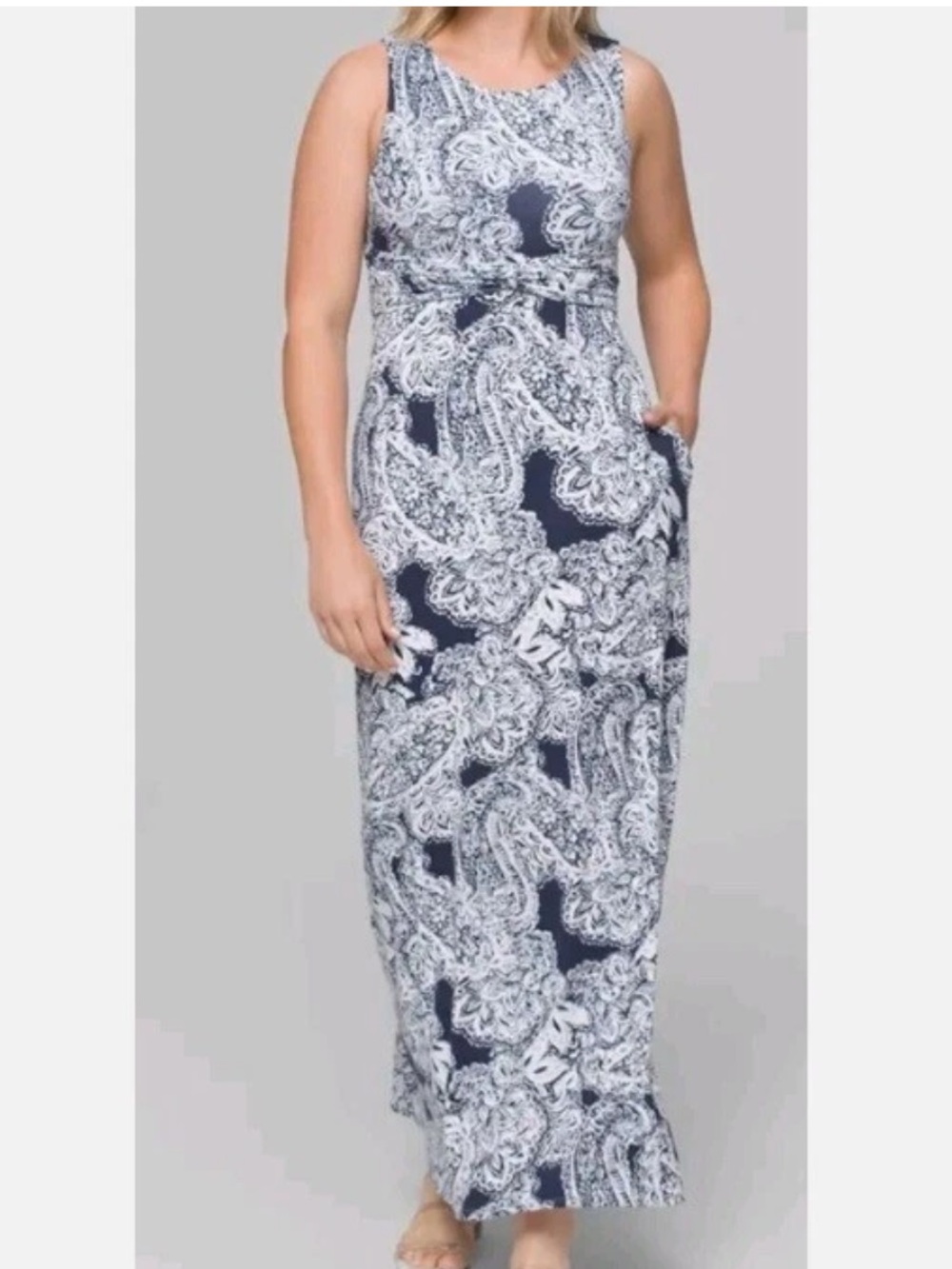 Soma Navy Blue White Paisley Sleeveless Maxi Dress Loungewear Stretchy Rayon